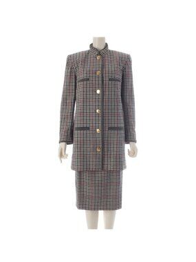Chanel Vintage Cotton Gingham Check Jacket Skirt Set Gray 38